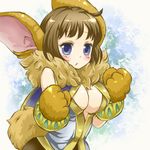  animal_ears blue_eyes blush breasts brown_hair bunny_ears center_opening chrono_cross cleavage fur janice large_breasts monster_girl paws solo tamichan 