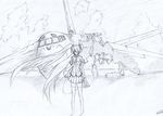  aircraft airplane bad_id bad_pixiv_id bangs cable cloud greyscale hair_over_eyes hatsune_miku highres koi_wa_sensou_(vocaloid) long_hair megaphone monochrome necktie phantania ruins signature sketch skirt solo thighhighs traditional_media very_long_hair vocaloid wading water wind 