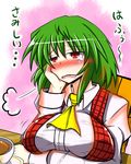  ascot blush breast_press breast_rest breasts breath chin_rest covered_nipples cup green_hair huge_breasts kazami_yuuka lonely plaid plaid_vest red_eyes rindou_(p41neko) shirt sigh solo taut_clothes taut_shirt tea teacup tears touhou translated vest 
