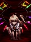  barefoot blonde_hair evil_grin evil_smile fingernails flandre_scarlet glowing grin hiroya_juuren long_fingernails nail_polish no_hat no_headwear red_eyes sharp_teeth side_ponytail smile solo squatting staring teeth touhou veins wings 