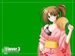  animal_print artist_name black_bra blush bow bow_bra bra breasts brown_hair bug cleavage clover_(game_cg) copyright_name dragonfly dragonfly_print fan floral_print green_background green_eyes hand_on_hip highres holding holding_fan insect japanese_clothes kimono large_breasts looking_at_viewer nishimata_aoi obi off_shoulder paper_fan pink_kimono sash side_ponytail simple_background smile solo uchiwa underwear wallpaper yukata 