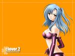  :d bikini blue_hair breasts brown_eyes cleavage clover_(game_cg) copyright_name highres long_hair looking_at_viewer medium_breasts navel nishimata_aoi open_mouth orange_background parted_lips pink_bikini ponytail simple_background smile solo stomach swimsuit teeth upper_body wallpaper 