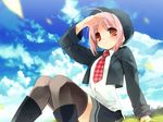  akino_momiji artist_request cloud day long_sleeves necktie pink_hair plaid plaid_neckwear red_neckwear sakura_musubi school_uniform sky solo thighhighs 