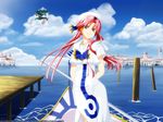  aria arms_behind_back artist_request cloud day gondola green_eyes hair_tubes hat highres mizunashi_akari pier pink_hair pole sidelocks sky smile solo standing uniform venezia wallpaper water 