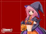  black_gloves clover_(game_cg) elbow_gloves gloves halloween hat highres jack-o'-lantern nishimata_aoi pumpkin red_background simple_background solo wallpaper white_background witch witch_hat 