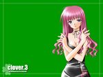  artist_name bangs bare_arms blush breasts choker cleavage clothes_writing clover_(game_cg) copyright_name green_background highres jewelry long_hair looking_at_viewer medium_breasts nishimata_aoi parted_lips pink_hair purple_eyes ribbon_choker ring simple_background solo wallpaper wavy_hair 