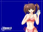  :d ahoge artist_name bikini blue_background breasts brown_eyes brown_hair can clover_(game_cg) copyright_name hair_bobbles hair_ornament highres holding holding_can looking_at_viewer medium_breasts navel nishimata_aoi open_mouth plaid plaid_bikini red_bikini side-tie_bikini simple_background smile soda_can solo swimsuit twintails wallpaper 