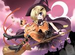  blonde_hair blue_eyes boots broom broom_riding candy candy_cane checkerboard_cookie cookie copyright_request flying food graveyard halloween hat highres holding holding_broom holding_pumpkin jack-o'-lantern lollipop minase_lin moon night one_eye_closed pumpkin short_hair sidesaddle solo swirl_lollipop witch witch_hat 