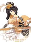  bad_id bad_pixiv_id black_hair blue_eyes breasts checkered checkered_legwear cleavage dress elbow_gloves flower gloves gun hat highres large_breasts original penguin_caee solo thighhighs weapon 
