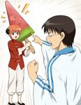  1girl black_hair blue_eyes brown_hair bun_cover capri_pants chinese_clothes double_bun food fruit gintama glasses highres kagura_(gintama) maruki_(punchiki) orange_hair pants pointing popsicle red_hair shimura_shinpachi short_hair watermelon watermelon_bar 