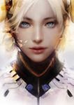  blonde_hair blue_eyes bodysuit eyelashes face headgear lips lipstick looking_at_viewer makeup mechanical_halo mercy_(overwatch) muju nose overwatch parted_lips photorealistic portrait realistic solo turtleneck 
