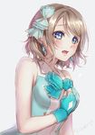  ao+beni blue_eyes brown_hair daisuki_dattara_daijoubu! earrings fingerless_gloves gloves hair_ribbon jewelry love_live! love_live!_sunshine!! ribbon short_hair solo watanabe_you 