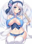  angel_wings blue_eyes blue_hat blue_skirt blush breasts character_request cleavage detached_sleeves eyebrows_visible_through_hair feathered_wings flower hat inma_kourin_devil_carnival large_breasts long_sleeves looking_at_viewer navel open_mouth purple_flower seta_(monyun) short_hair silver_hair skirt solo thighhighs white_legwear wings 