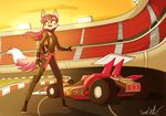  2016 canine clothing david_lillie dreamkeepers fox fur grey_fur hair hemlet jumpsuit mammal miri_rodgers purple_eyes purple_hair racecar racetrack shadow smile stadium sunset the_wayward_astronomer 