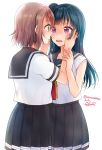  2girls artist_name bangs black_sailor_collar black_skirt blue_eyes blue_hair blush brown_hair commentary_request eye_contact face-to-face hands_on_another&#039;s_arms hands_on_another&#039;s_cheeks hands_on_another&#039;s_face hands_on_another's_arms hands_on_another's_cheeks hands_on_another's_face highres long_hair looking_at_another love_live! love_live!_sunshine!! multiple_girls neckerchief open_mouth orange_neckwear peke_(xoxopeke) pleated_skirt red_neckwear sailor_collar school_uniform serafuku shirt short_hair short_sleeves side_bun signature simple_background skirt tie_clip tsushima_yoshiko twitter_username uranohoshi_school_uniform watanabe_you white_background white_shirt yuri 