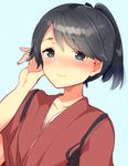  alternate_hair_length alternate_hairstyle black_eyes black_hair blue_background blush collarbone commentary_request hakama hand_in_hair houshou_(kantai_collection) ichihaya japanese_clothes kantai_collection looking_at_viewer ponytail short_hair simple_background solo tasuki 