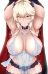  1girl armpits arms_behind_head arms_up artoria_pendragon_(all) artoria_pendragon_(lancer_alter) babydoll bangs bare_shoulders black_panties blonde_hair blush breasts cape choker cleavage collarbone commentary_request fate/grand_order fate_(series) garter_belt hair_between_eyes heavy_breathing highres hips horns isawo_(lucanus19) jewelry lace lace-trimmed_thighhighs large_breasts lingerie long_hair looking_at_viewer navel necklace panties parted_lips royal_icing see-through sidelocks simple_background snowflake_print solo sparkle thighhighs thighs underwear white_background yellow_eyes 