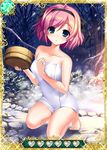  black_ribbon blue_eyes card_(medium) collarbone grisaia_(series) grisaia_no_kajitsu hair_ribbon komine_sachi looking_at_viewer naked_towel outdoors pink_hair ribbon short_hair snow solo towel 