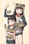  :3 age_difference animal_hood bangs bear bear_hood black_hair blunt_bangs borrowed_character breasts cleavage highres hood lanmei large_breasts looking_at_viewer multiple_girls original print_shirt raglan_sleeves saiste shirt short_shorts shorts smile time_paradox waving younger 