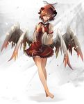  2016 :o animal_ears arm_garter barefoot bird_wings brown_hair commentary_request dated dress eyepatch frilled_sleeves frills full_body hat houdukixx long_sleeves looking_at_viewer mob_cap multiple_wings mystia_lorelei one_eye_covered red_dress red_eyes short_dress short_hair signature solo touhou wide_sleeves wings 