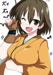  ;d breasts brown_eyes brown_hair gloves hair_between_eyes hakama hinase_(jet_hearts) hiryuu_(kantai_collection) japanese_clothes kantai_collection large_breasts looking_at_viewer one_eye_closed one_side_up open_mouth partly_fingerless_gloves short_hair single_glove smile solo yugake zui_zui_dance 