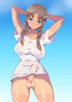  aqua_eyes arms_behind_head arms_up bad_id bad_pixiv_id bangs blue_background blue_eyes bottomless braid breasts brown_hair covered_nipples cowboy_shot erection erection_under_clothes futanari hair_over_shoulder head_tilt large_breasts long_hair looking_at_viewer naked_shirt original penis shiny shiny_skin shirt smile solo sweat tan tanline testicles thighs twin_braids twintails ubanis wet wet_clothes white_shirt 