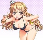  alternate_costume bare_shoulders bikini black_bikini blonde_hair braid breasts brown_eyes cleavage commentary_request eyebrows eyebrows_visible_through_hair french_braid hat kantai_collection long_hair looking_at_viewer medium_breasts mini_hat open_mouth solo swimsuit uousa-ou zara_(kantai_collection) 