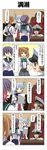  3girls 4koma akebono_(kantai_collection) bangs bell blank_eyes blonde_hair blouse blue_hair blunt_bangs bow brown_eyes brown_hair chair closed_eyes comic commentary desk double_bun dress fingerless_gloves flower gloves hair_bell hair_between_eyes hair_flower hair_ornament hand_on_hip hat headgear highres holding holding_paper jingle_bell jitome kantai_collection little_boy_admiral_(kantai_collection) long_hair looking_to_the_side michishio_(kantai_collection) military military_hat military_uniform multiple_girls murakumo_(kantai_collection) neckerchief o_o open_mouth oversized_clothes paper peaked_cap purple_eyes purple_hair rappa_(rappaya) red_eyes sailor_dress school_uniform serafuku short_hair side_ponytail sidelocks sitting skirt sleeves_past_wrists smile suspenders translated twintails uniform 
