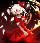  2016 blonde_hair commentary_request crystal dated dress fire flandre_scarlet hair_ribbon houdukixx koumajou_densetsu koumajou_densetsu_2 laevatein looking_at_viewer open_mouth red_dress red_eyes red_ribbon ribbon short_dress signature solo touhou wings 