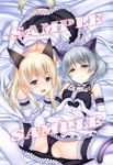  animal_ears black_panties blonde_hair blush cat_ears cat_tail detached_collar detached_sleeves eila_ilmatar_juutilainen green_eyes grey_hair heart heart_hands lace lace-trimmed_thighhighs looking_at_viewer maid multiple_girls okina_ika on_bed open_mouth panties purple_eyes sample sanya_v_litvyak skirt skirt_lift strike_witches tail thighhighs underwear world_witches_series 