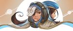  alternate_costume ana_(overwatch) arnat_chintanont back-to-back beret braid brown_hair captain_amari closed_eyes coat dark_skin dual_persona eyepatch face facial_mark facial_tattoo from_behind grey_hair hat headband hijab hood long_hair old_woman overwatch solo tattoo time_paradox younger 