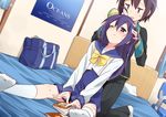  1girl bag blurry book brother_and_sister brown_hair brush gj-bu hair_brushing highres jitome kneeling long_hair mousou_(mousou_temporary) one_eye_closed purple_eyes purple_hair school_uniform shinomiya_kasumi shinomiya_kyouya short_hair siblings socks tareme 