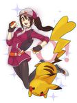  1girl baseball_cap blush brown_eyes brown_hair female_protagonist_(pokemon_go) fingerless_gloves gen_1_pokemon gloves hat highres leggings long_hair open_mouth pikachu poke_ball pokemon pokemon_(creature) pokemon_(game) pokemon_go ponytail simple_background sparkle teeth white_background yellowking_hiro 