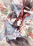  atea black_hair bridal_gauntlets flower from_above hakama haori high_ponytail hollyhock japanese_clothes kashuu_kiyomitsu long_hair lying male_focus multiple_boys on_back on_side petals red_scarf rotational_symmetry scarf shinsengumi sotoba touken_ranbu white_scarf yamato-no-kami_yasusada 