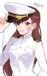  brown_eyes brown_hair buttons d.va_(overwatch) facepaint facial_mark giji-p hand_on_hip hat korean long_hair long_sleeves looking_at_viewer military military_hat military_jacket military_uniform naval_uniform overwatch peaked_cap simple_background smile solo translated uniform whisker_markings white_background 