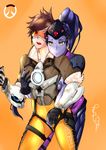  absurdres artist_name blue_hair blue_skin bodysuit breast_grab brown_hair gloves goggles grabbing head_mounted_display highres multiple_girls open_mouth orange_bodysuit overwatch pauldrons ponytail psd_available short_hair simple_background skin_tight tracer_(overwatch) tsubame22 widowmaker_(overwatch) yellow_background yellow_eyes yuri 