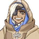  :d ana_(overwatch) anco_(platanity) braid brown_lipstick coat commentary dark_skin eyepatch face facial_mark facial_tattoo grin headband hijab hood korean lipstick makeup old_woman open_mouth overwatch simple_background sketch smile solo tattoo teeth white_background white_hair 