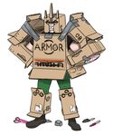  alpha_gamboa amazon_(company) black_footwear black_shirt boots box cardboard_box cardboard_box_gundam commentary costume drawing duct_tape full_body green_pants hands_on_hips male_focus marker overwatch pants reinhardt_(overwatch) scissors shirt simple_background solo standing t-shirt white_background 