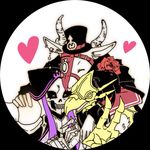  3boys ainz_ooal_gown armor artist_request belt bird black_hair cape collar demon ear_piercing eyes_closed gauntlets gloves goat hat heart hood horns jewelry long_hair mask overlord_(maruyama) peroroncino ring rose simple_background skeleton suit teeth ulbert_alain_odle v 