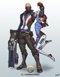  1girl ^_^ arm_hug battle_rifle belt_pouch bodysuit brown_hair closed_eyes d.va_(overwatch) explosive fatherly flexing grenade grey_hair gun headphones height_difference highres jacket katoyo85 lifting_person manly mask overwatch pilot_suit pose pouch rifle scar smile soldier:_76_(overwatch) weapon whisker_markings zipper 
