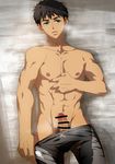  1boy black_hair erection free! green_eyes male_focus muscle penis pubic_hair sweat swim_trunks topless undressing yamazaki_sousuke 