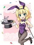  animal_ears baton blonde_hair blue_eyes bow bowtie bunny bunny_ears bunnysuit confetti detached_collar fake_animal_ears fishnet_pantyhose fishnets gochuumon_wa_usagi_desu_ka? hat kirima_sharo leotard masakichi_(crossroad) pantyhose purple_bow purple_leotard purple_neckwear short_hair standing standing_on_one_leg tail top_hat wild_geese wrist_cuffs 