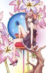  black_dress brown_eyes brown_hair bubble bug butterfly butterfly_on_knee closed_mouth dress flower hair_flower hair_ornament hairband head_tilt highres holding holding_flower insect long_hair noraico original sandals sitting sleeveless sleeveless_dress solo sparkle tree_branch 