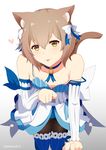  animal_ears bare_shoulders bima_rahmaa blush bow brown_hair choker crossdressing dress felix_argyle gradient gradient_background hair_bow hair_ornament highres looking_at_viewer male_focus otoko_no_ko pantyhose re:zero_kara_hajimeru_isekai_seikatsu short_hair simple_background solo standing strap_slip tail white_background yellow_eyes 