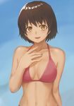  arm_at_side bikini blue_background breasts brown_hair cleavage collarbone eyebrows eyebrows_visible_through_hair fingernails gradient gradient_background grin halter_top halterneck hand_on_own_chest kaminagi_ryouko long_fingernails looking_at_viewer medium_breasts nail_polish navel open_mouth pink_bikini pink_bikini_top pink_nails ranma_(kamenrideroz) shiny shiny_hair short_hair simple_background smile solo string_bikini swimsuit teeth toned upper_body yellow_eyes zegapain 