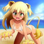  bikini blonde_hair breasts day fang harubato highres idolmaster jougasaki_rika lion_tail long_hair paws small_breasts swimsuit tail twintails yellow_eyes 