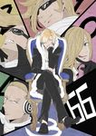  4boys armchair blonde_hair blue_eyes brother_and_sister brothers chin_rest fur_trim goggles hair_over_one_eye headphones multiple_boys one_piece ring sanji siblings sitting suit sunglasses tongue tufted_upholstery vinsmoke_family vinsmoke_reiju vinsmoke_yonji 