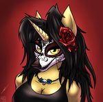  2016 amber_eyes amber_steel anthro black_hair equine face_paint female flower hair horn looking_at_viewer mammal metalfoxxx plant portrait solo unicorn 