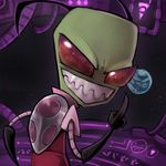  2014 3_fingers alien antennae anthro backpack clothing creepy_smile earth gloves green_skin invader_zim irken looking_at_viewer looking_back male reaction_image red_eyes skeleion smile solo space zim 