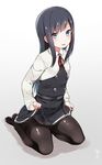  asashio_(kantai_collection) belt black_hair black_legwear blue_eyes blush buttons dress dress_lift eyebrows eyebrows_visible_through_hair highres kantai_collection long_hair looking_at_viewer mitsudoue neck_ribbon pantyhose parted_lips pinafore_dress red_ribbon remodel_(kantai_collection) ribbon school_uniform shiny shiny_clothes sidelocks signature simple_background sitting solo thighband_pantyhose white_background 